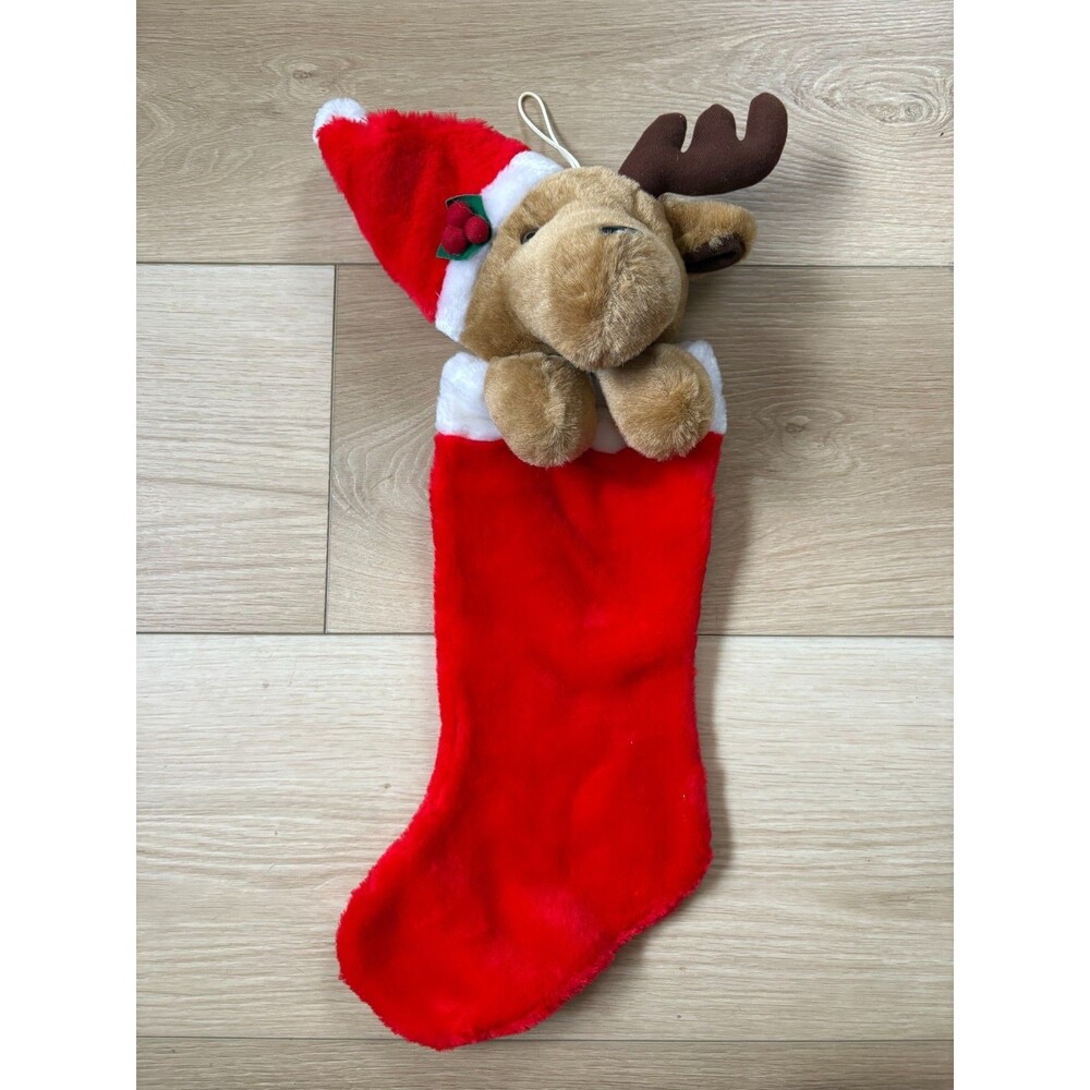 GANZ Reindeer Plush Christmas Stocking Red White 3D Stuffed Animal Vintage Holid